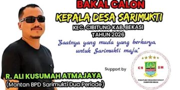 “Bakal calon Kepala Desa Sarimukti, Rd. Ali Kusumah Atmajaya, Figur baru untuk Desa Sarimukti Kecamatan Cibitung Kabupaten Bekasi yang lebih sejahtera dan maju.”